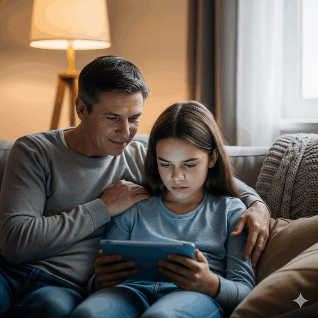 A parent provides a safe harbor for their teen, sitting with them on a couch and calmly discussing difficult or graphic news on a tablet.